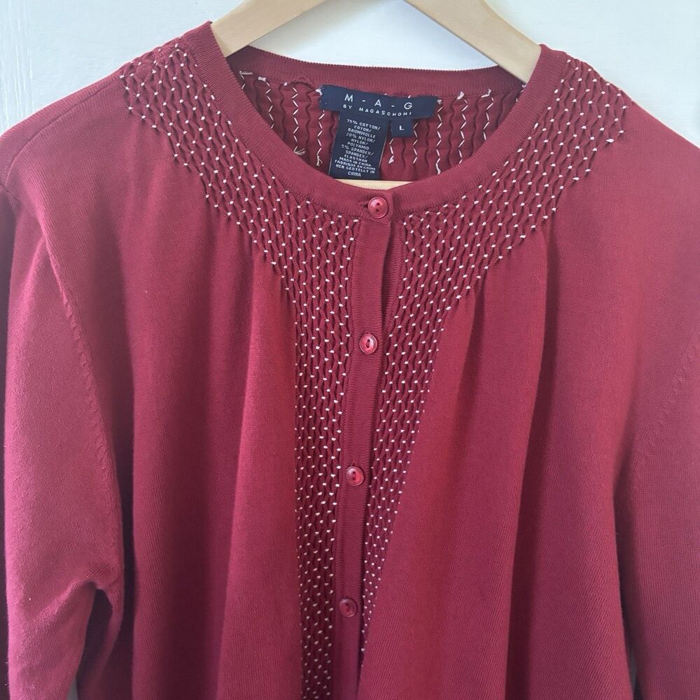 MAG Magaschoni Womens Cardigan Sweater Size Large Embroidery Red Glam Office 90s - Picture 2 of 12